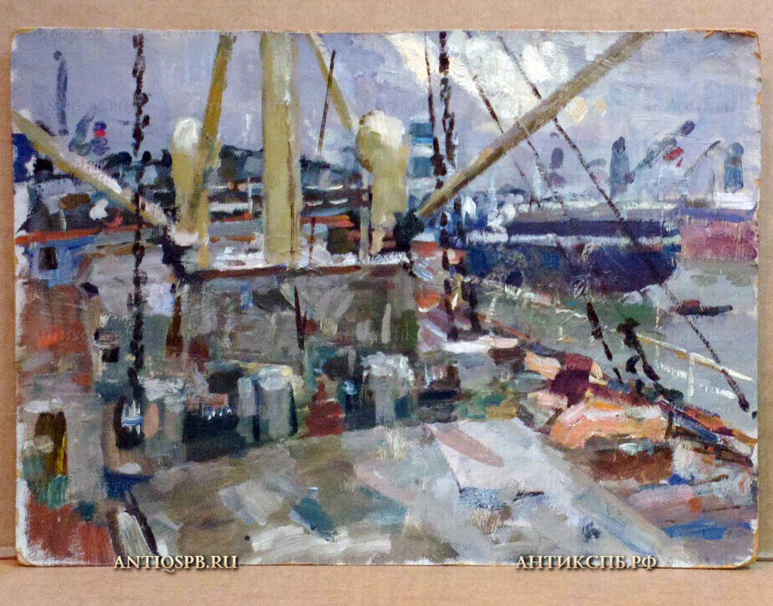 Картина "В порту". Картон, масло. Бантиков Андрей Сергеевич (1914-2002). СССР. Сер. XX века. №171
